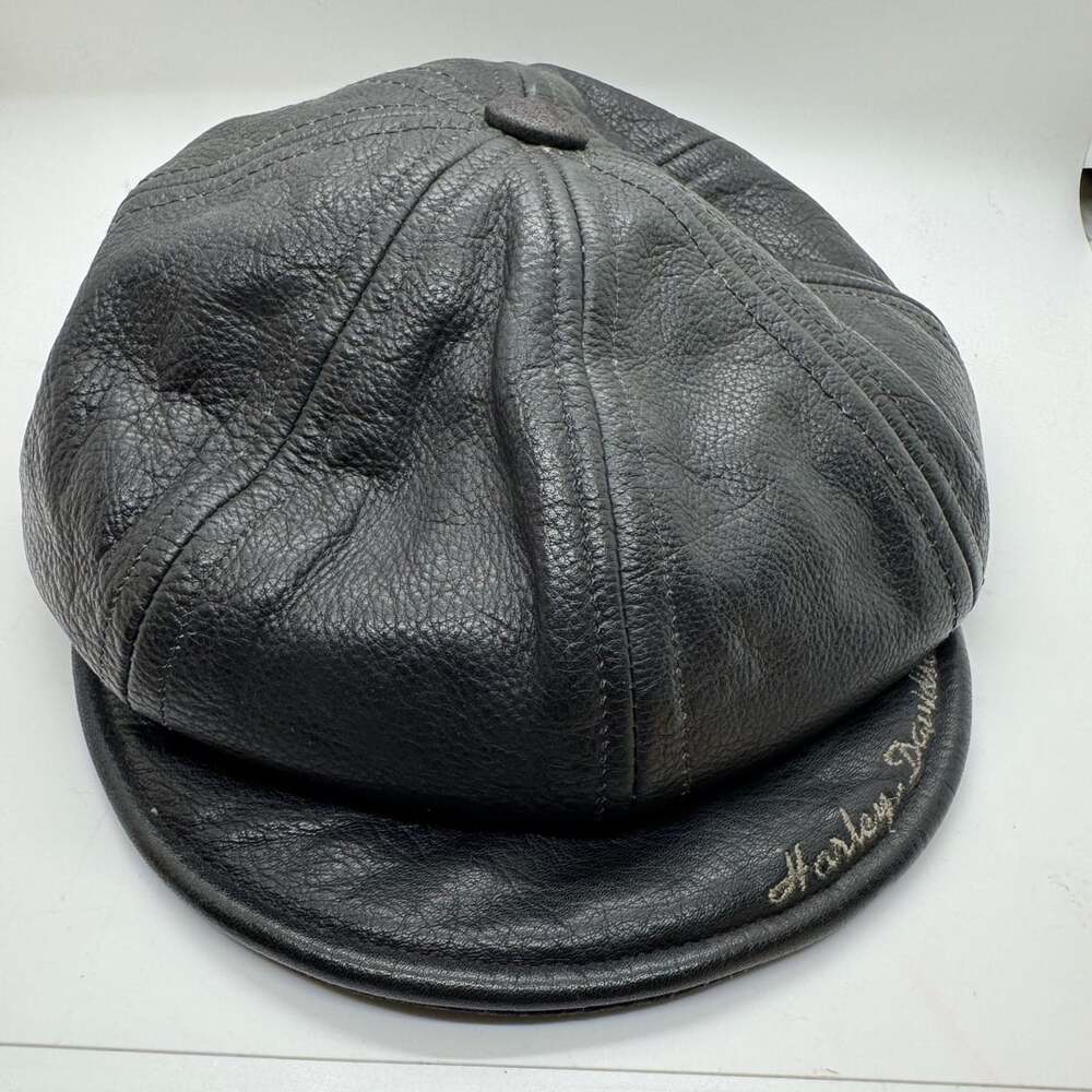 Vintage Harley-Davidson Black Leather Newsboy Cap Hat Size L